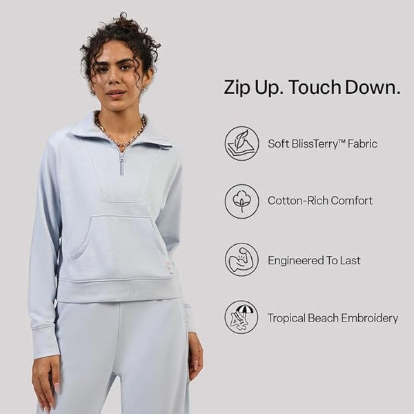 BlissTerry Half Zip | Zippered front |Convertible collar to style |Kangaroo pocket for essentials |Ribbed cuffs |Cropped length
