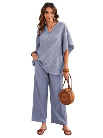 TADKEE Women's Solid Color V-Neck Kaftan Sleeve Casual Wear Co ord Set | Kurta Set for Women